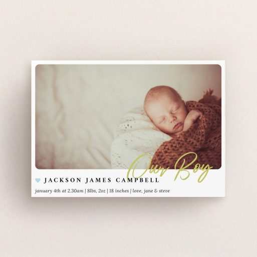 A new baby announcement card template titled "Gold Stamp". It is an A6 card in a landscape orientation. It is a photographic new baby announcement card with room for 1 photo. "Gold Stamp" is available as a flat card, with tones of white and blue.