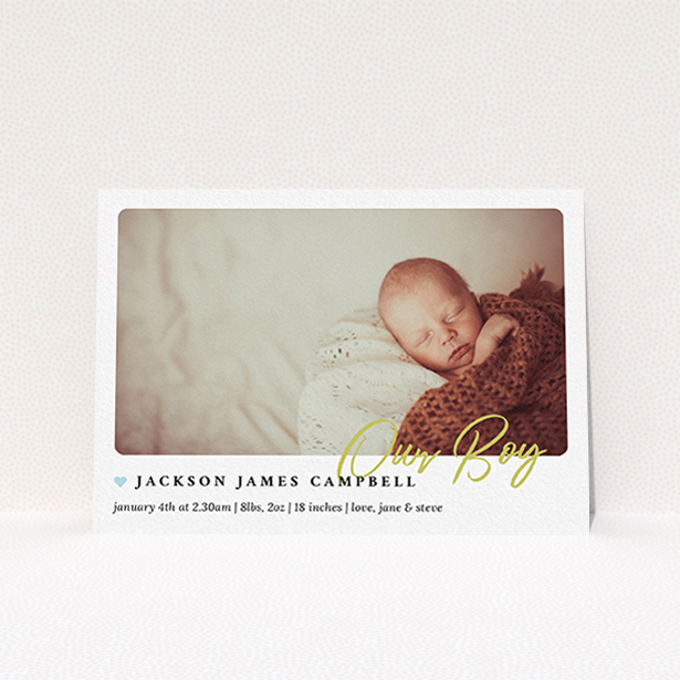 A new baby announcement card template titled "Gold Stamp". It is an A6 card in a landscape orientation. It is a photographic new baby announcement card with room for 1 photo. "Gold Stamp" is available as a flat card, with tones of white and blue.