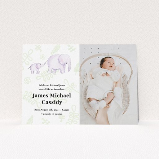 A new baby announcement card named "Gotcha by the Tail". It is an A5 card in a landscape orientation. It is a photographic new baby announcement card with room for 1 photo. "Gotcha by the Tail" is available as a flat card, with tones of white, green and grey.