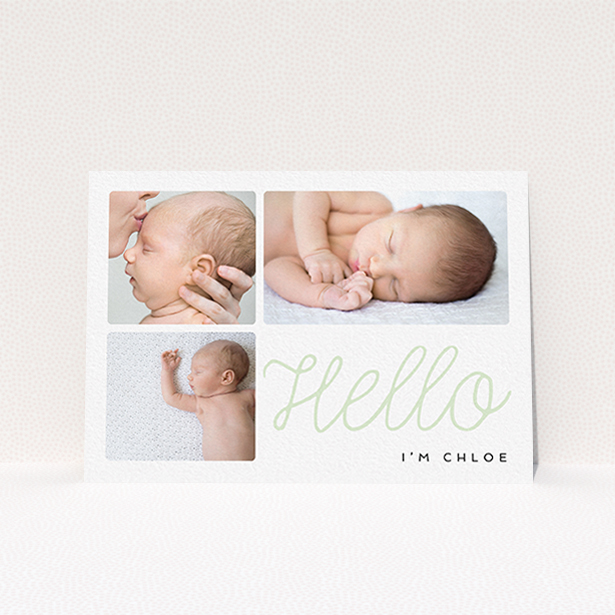 A new baby announcement card design called "Hello Cursive". It is an A6 card in a landscape orientation. It is a photographic new baby announcement card with room for 3 photos. "Hello Cursive" is available as a flat card, with tones of white and green.