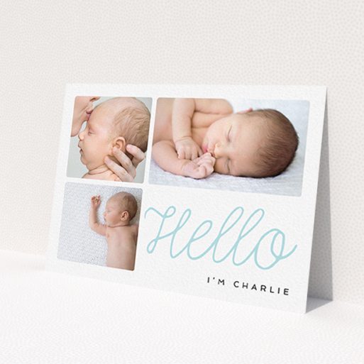 A new baby announcement card template titled 'Hello Cursive'. It is an A6 card in a landscape orientation. It is a photographic new baby announcement card with room for 3 photos. 'Hello Cursive' is available as a flat card, with tones of white and blue.