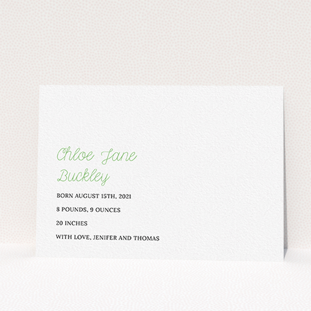 A new baby announcement card design called "Hello Cursive". It is an A6 card in a landscape orientation. It is a photographic new baby announcement card with room for 3 photos. "Hello Cursive" is available as a flat card, with tones of white and green.