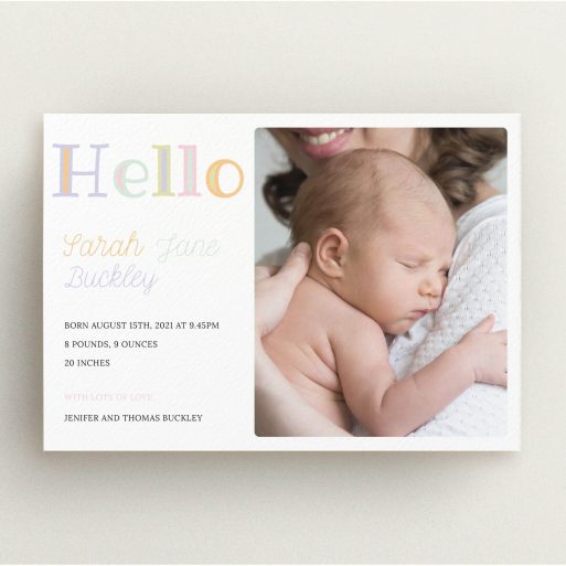 A new baby announcement card design called "Hello Pastels". It is an A5 card in a landscape orientation. It is a photographic new baby announcement card with room for 1 photo. "Hello Pastels" is available as a flat card, with tones of white and green.