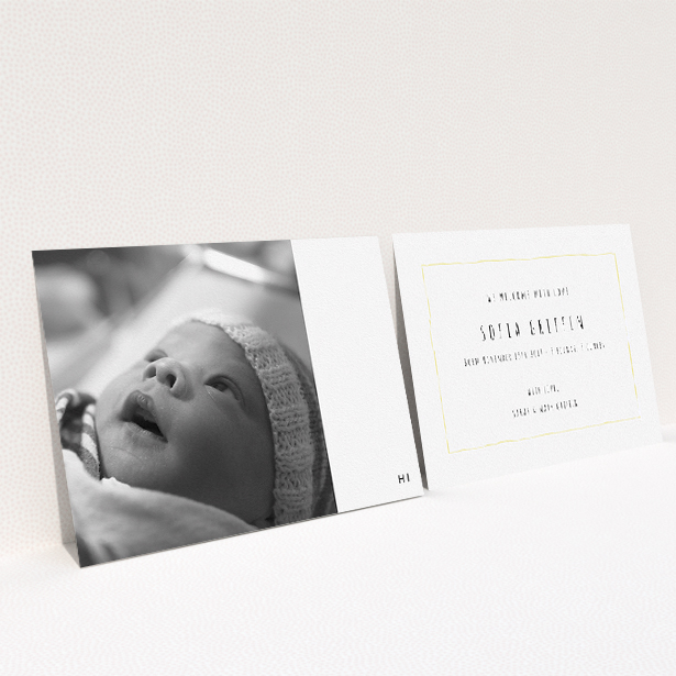 A new baby announcement card design titled "HI". It is an A5 card in a landscape orientation. It is a photographic new baby announcement card with room for 1 photo. "HI" is available as a flat card, with tones of black and white.