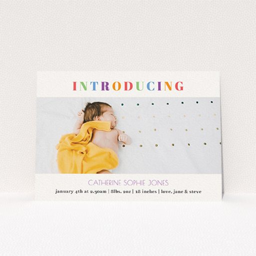 A new baby announcement card named "Introduced in Colour". It is an A6 card in a landscape orientation. It is a photographic new baby announcement card with room for 1 photo. "Introduced in Colour" is available as a flat card, with tones of white and green.