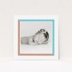 A new baby announcement card template titled "Kensington Square". It is a square (148mm x 148mm) card in a square orientation. It is a photographic new baby announcement card with room for 1 photo. "Kensington Square" is available as a flat card, with tones of white, blue and red.