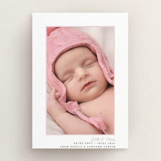 A new baby announcement card design titled "Little Pink Frame". It is an A5 card in a portrait orientation. It is a photographic new baby announcement card with room for 1 photo. "Little Pink Frame" is available as a flat card, with tones of white and pink.