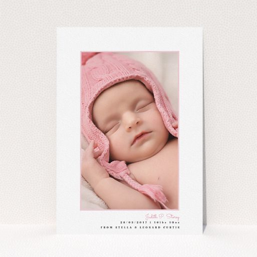 A new baby announcement card design titled "Little Pink Frame". It is an A5 card in a portrait orientation. It is a photographic new baby announcement card with room for 1 photo. "Little Pink Frame" is available as a flat card, with tones of white and pink.