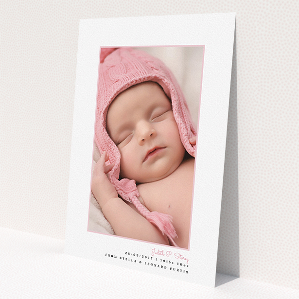 A new baby announcement card design titled 'Little Pink Frame'. It is an A5 card in a portrait orientation. It is a photographic new baby announcement card with room for 1 photo. 'Little Pink Frame' is available as a flat card, with tones of white and pink.