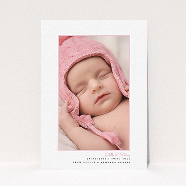 A new baby announcement card design titled "Little Pink Frame". It is an A6 card in a portrait orientation. It is a photographic new baby announcement card with room for 1 photo. "Little Pink Frame" is available as a flat card, with tones of white and pink.
