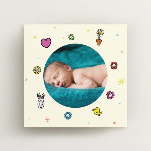 A new baby announcement card called "Nursery Frame". It is a square (148mm x 148mm) card in a square orientation. It is a photographic new baby announcement card with room for 1 photo. "Nursery Frame" is available as a flat card, with tones of cream, pink and yellow.