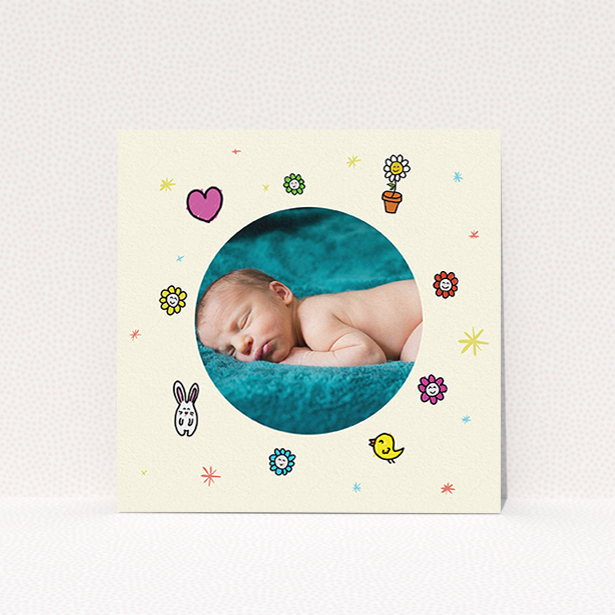A new baby announcement card called "Nursery Frame". It is a square (148mm x 148mm) card in a square orientation. It is a photographic new baby announcement card with room for 1 photo. "Nursery Frame" is available as a flat card, with tones of cream, pink and yellow.