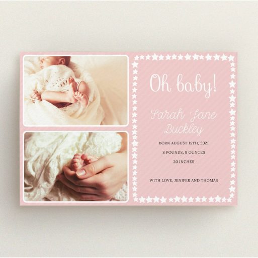 A new baby announcement card template titled "Oh Baby!". It is an A5 card in a landscape orientation. It is a photographic new baby announcement card with room for 2 photos. "Oh Baby!" is available as a flat card, with tones of pink and white.