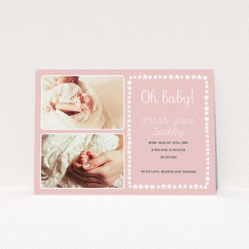 A new baby announcement card template titled "Oh Baby!". It is an A5 card in a landscape orientation. It is a photographic new baby announcement card with room for 2 photos. "Oh Baby!" is available as a flat card, with tones of pink and white.