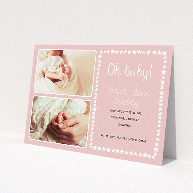 A new baby announcement card template titled 'Oh Baby!'. It is an A5 card in a landscape orientation. It is a photographic new baby announcement card with room for 2 photos. 'Oh Baby!' is available as a flat card, with tones of pink and white.