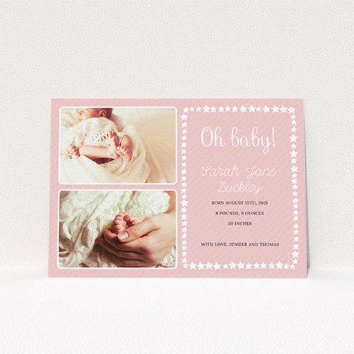 A new baby announcement card design named "Oh Baby!". It is an A6 card in a landscape orientation. It is a photographic new baby announcement card with room for 2 photos. "Oh Baby!" is available as a flat card, with tones of pink and white.