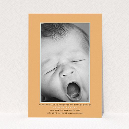 A new baby announcement card design titled "Orange and Mint". It is an A6 card in a portrait orientation. It is a photographic new baby announcement card with room for 1 photo. "Orange and Mint" is available as a flat card, with tones of orange and blue.