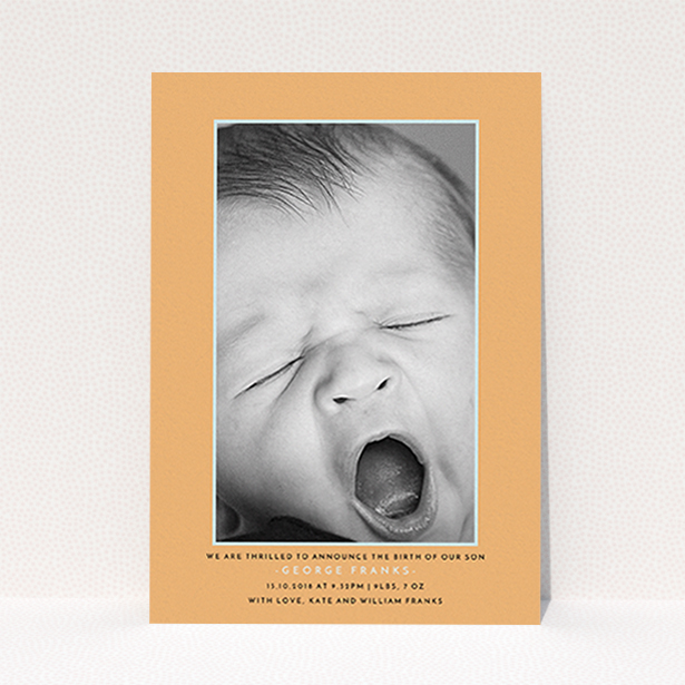 A new baby announcement card design titled "Orange and Mint". It is an A6 card in a portrait orientation. It is a photographic new baby announcement card with room for 1 photo. "Orange and Mint" is available as a flat card, with tones of orange and blue.