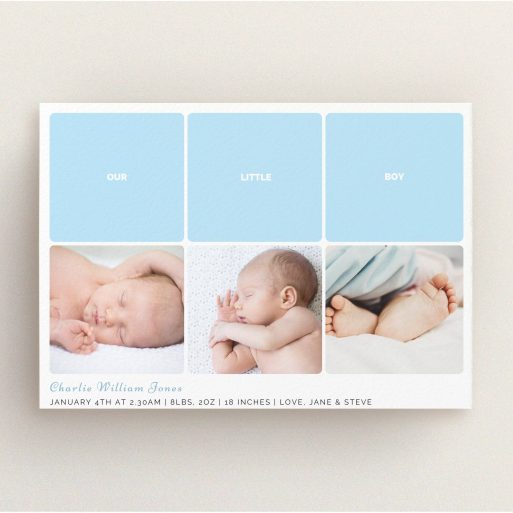 A new baby announcement card design named "Our Little One". It is an A5 card in a landscape orientation. It is a photographic new baby announcement card with room for 3 photos. "Our Little One" is available as a flat card, with tones of blue and white.