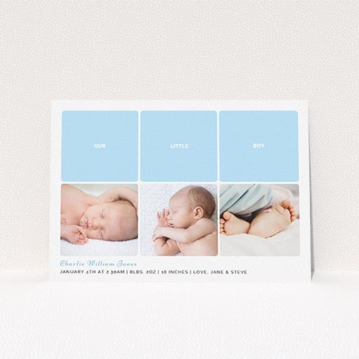 A new baby announcement card design named "Our Little One". It is an A5 card in a landscape orientation. It is a photographic new baby announcement card with room for 3 photos. "Our Little One" is available as a flat card, with tones of blue and white.