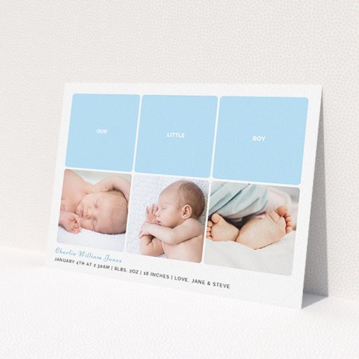 A new baby announcement card design named 'Our Little One'. It is an A5 card in a landscape orientation. It is a photographic new baby announcement card with room for 3 photos. 'Our Little One' is available as a flat card, with tones of blue and white.