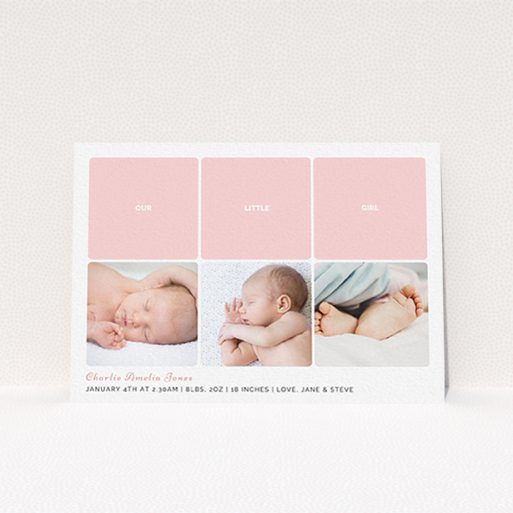A new baby announcement card design titled "Our Little One". It is an A6 card in a landscape orientation. It is a photographic new baby announcement card with room for 3 photos. "Our Little One" is available as a flat card, with tones of pink and white.