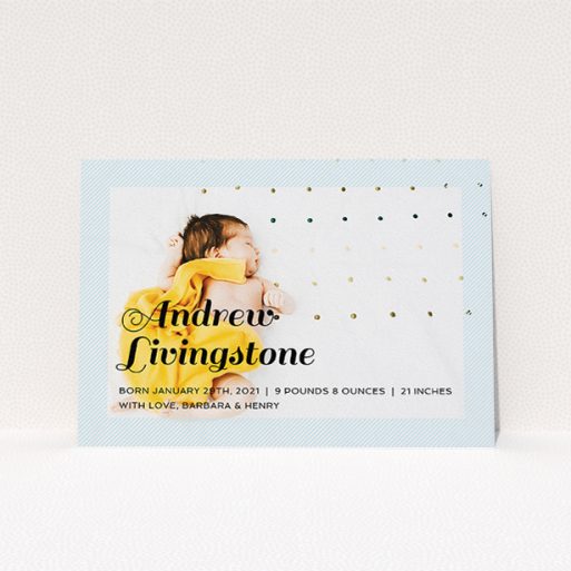 A new baby announcement card design called "Pastel Diagonals". It is an A5 card in a landscape orientation. It is a photographic new baby announcement card with room for 1 photo. "Pastel Diagonals" is available as a flat card, with mainly blue colouring.