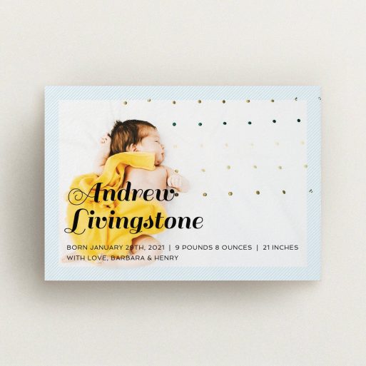 A new baby announcement card design named "Pastel Diagonals". It is an A6 card in a landscape orientation. It is a photographic new baby announcement card with room for 1 photo. "Pastel Diagonals" is available as a flat card, with mainly blue colouring.