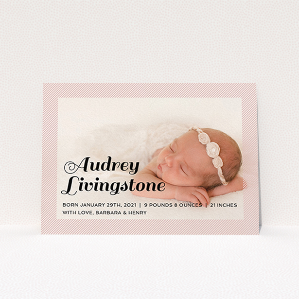 A new baby announcement card design called "Pastel Diagonals". It is an A6 card in a landscape orientation. It is a photographic new baby announcement card with room for 1 photo. "Pastel Diagonals" is available as a flat card, with mainly light pink colouring.