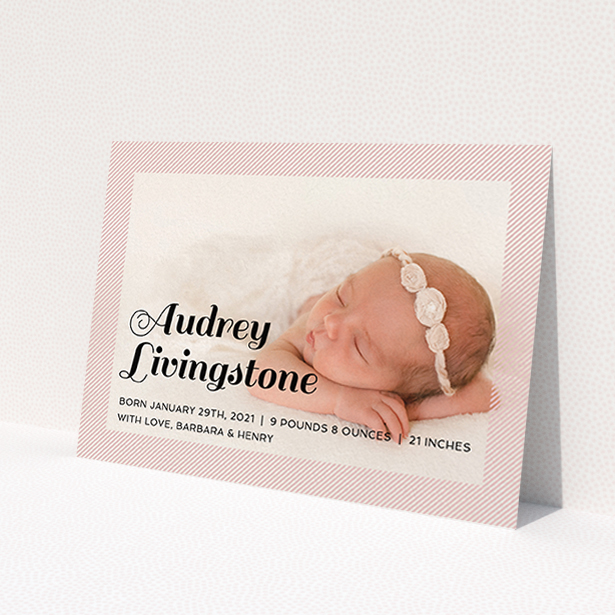 A new baby announcement card design called 'Pastel Diagonals'. It is an A6 card in a landscape orientation. It is a photographic new baby announcement card with room for 1 photo. 'Pastel Diagonals' is available as a flat card, with mainly light pink colouring.