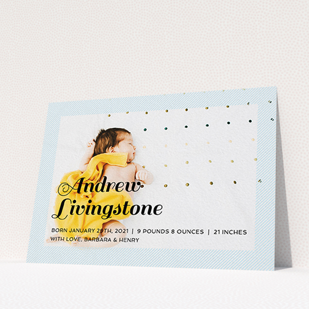 A new baby announcement card design named "Pastel Diagonals". It is an A6 card in a landscape orientation. It is a photographic new baby announcement card with room for 1 photo. "Pastel Diagonals" is available as a flat card, with mainly blue colouring.