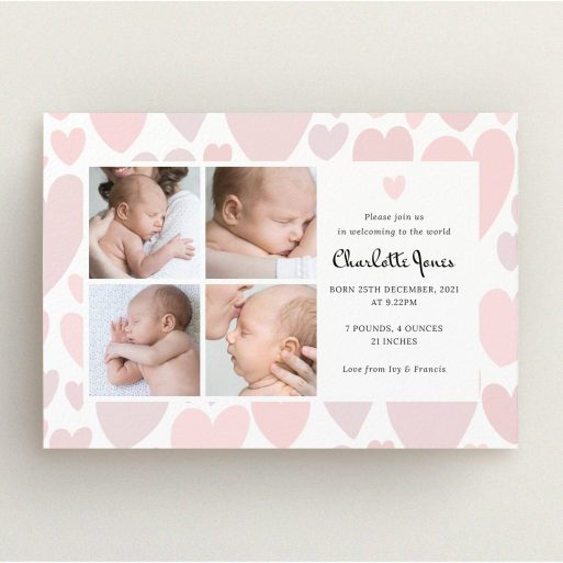 A new baby announcement card design named "Pastel Hearts". It is an A5 card in a landscape orientation. It is a photographic new baby announcement card with room for 4 photos. "Pastel Hearts" is available as a flat card, with tones of pink and white.