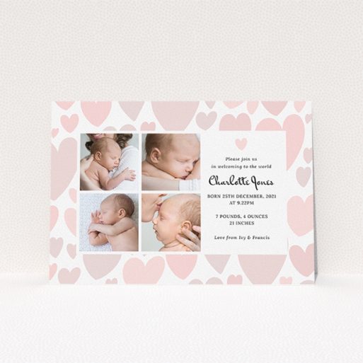 A new baby announcement card design named "Pastel Hearts". It is an A5 card in a landscape orientation. It is a photographic new baby announcement card with room for 4 photos. "Pastel Hearts" is available as a flat card, with tones of pink and white.