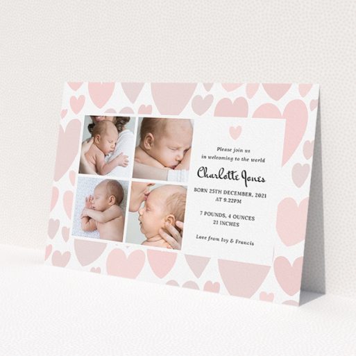 A new baby announcement card design named 'Pastel Hearts'. It is an A5 card in a landscape orientation. It is a photographic new baby announcement card with room for 4 photos. 'Pastel Hearts' is available as a flat card, with tones of pink and white.