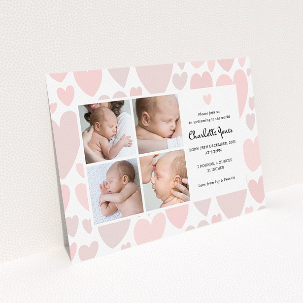 A new baby announcement card design named "Pastel Hearts". It is an A5 card in a landscape orientation. It is a photographic new baby announcement card with room for 4 photos. "Pastel Hearts" is available as a flat card, with tones of pink and white.