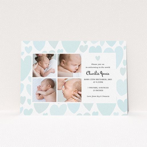 A new baby announcement card design named "Pastel Hearts". It is an A6 card in a landscape orientation. It is a photographic new baby announcement card with room for 4 photos. "Pastel Hearts" is available as a flat card, with tones of blue and white.