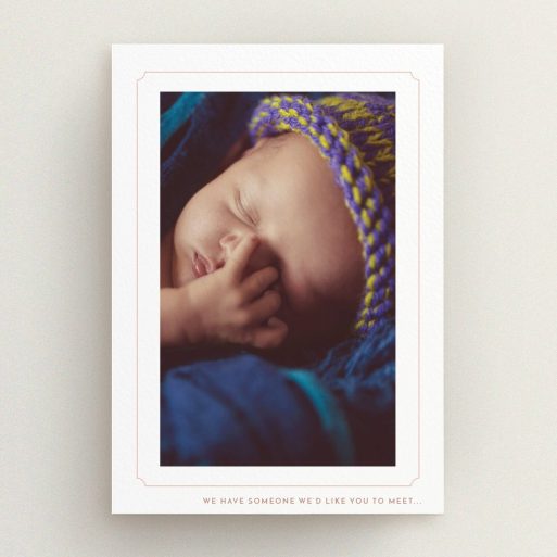 New Baby Announcement Card Design - "Pink notch Frame" A new baby announcement card design named "Pink notch Frame". It is an A5 card in a portrait orientation. It is a photographic new baby announcement card with room for 1 photo. "Pink notch Frame" is available as a flat card, with tones of white and pink.