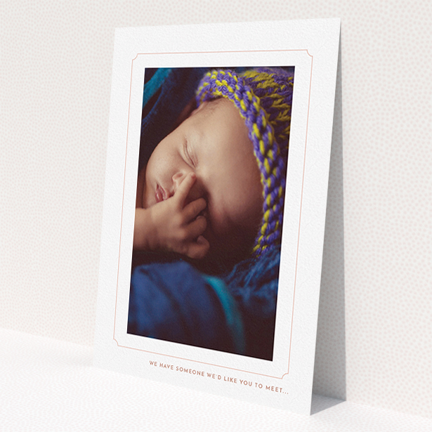 A new baby announcement card design named "Pink notch Frame". It is an A5 card in a portrait orientation. It is a photographic new baby announcement card with room for 1 photo. "Pink notch Frame" is available as a flat card, with tones of white and pink.