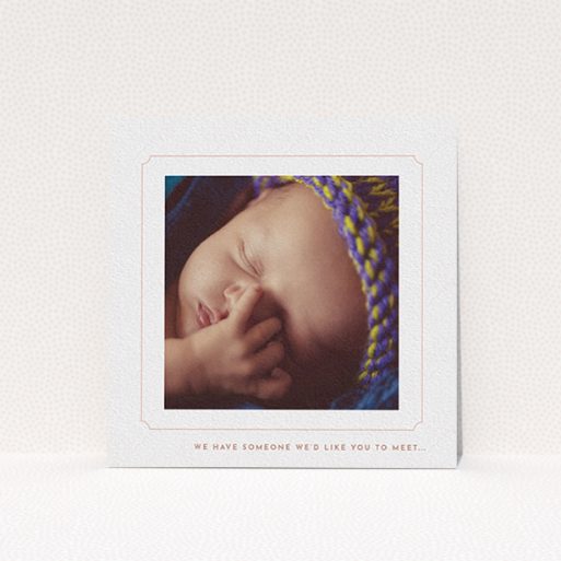 A new baby announcement card design named "Pink notch Frame". It is a square (148mm x 148mm) card in a square orientation. It is a photographic new baby announcement card with room for 1 photo. "Pink notch Frame" is available as a flat card, with tones of white and pink.