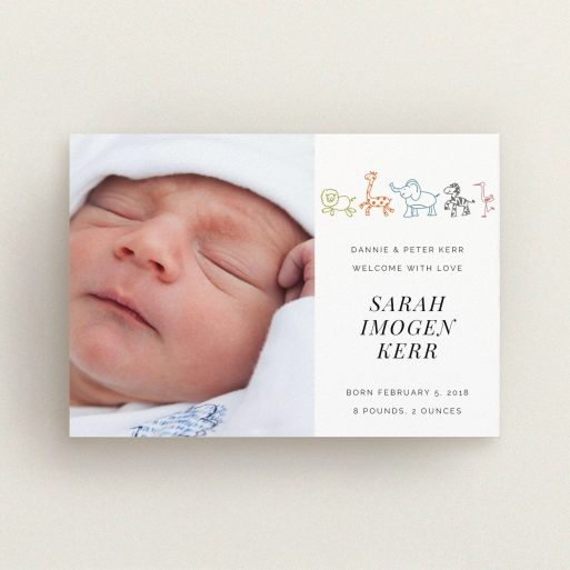 A new baby announcement card design named "Playground Safari". It is an A6 card in a landscape orientation. It is a photographic new baby announcement card with room for 1 photo. "Playground Safari" is available as a flat card, with tones of white and orange.