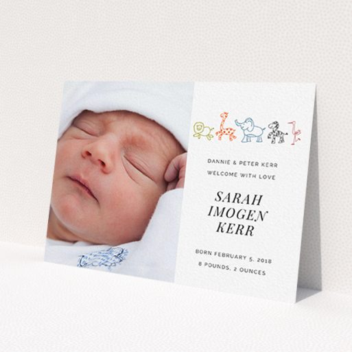 A new baby announcement card design named 'Playground Safari'. It is an A6 card in a landscape orientation. It is a photographic new baby announcement card with room for 1 photo. 'Playground Safari' is available as a flat card, with tones of white and orange.