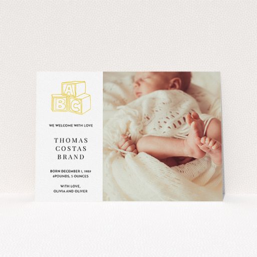 A new baby announcement card template titled "Playtime". It is an A5 card in a landscape orientation. It is a photographic new baby announcement card with room for 1 photo. "Playtime" is available as a flat card, with tones of white and yellow.