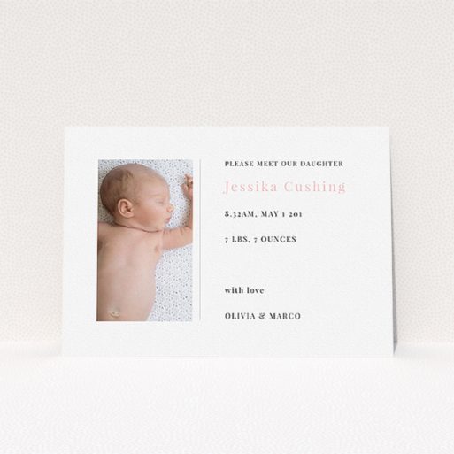 A new baby announcement card called "Please Welcome". It is an A5 card in a landscape orientation. It is a photographic new baby announcement card with room for 1 photo. "Please Welcome" is available as a flat card, with tones of white and pink.