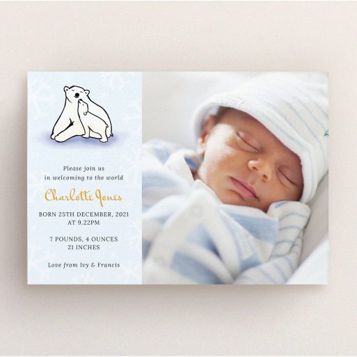 A new baby announcement card called "Polar Picture". It is an A5 card in a landscape orientation. It is a photographic new baby announcement card with room for 1 photo. "Polar Picture" is available as a flat card, with mainly white colouring.