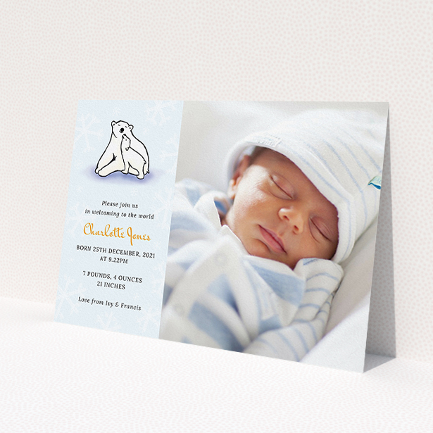 A new baby announcement card called 'Polar Picture'. It is an A5 card in a landscape orientation. It is a photographic new baby announcement card with room for 1 photo. 'Polar Picture' is available as a flat card, with mainly white colouring.