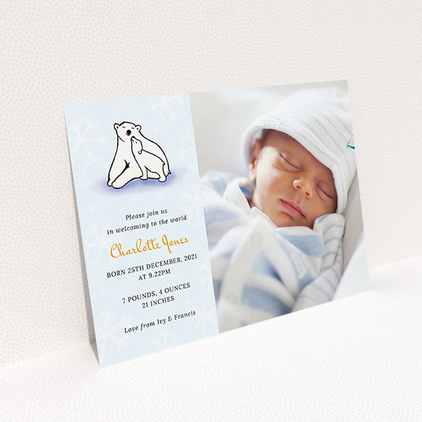 A new baby announcement card called "Polar Picture". It is an A5 card in a landscape orientation. It is a photographic new baby announcement card with room for 1 photo. "Polar Picture" is available as a flat card, with mainly white colouring.