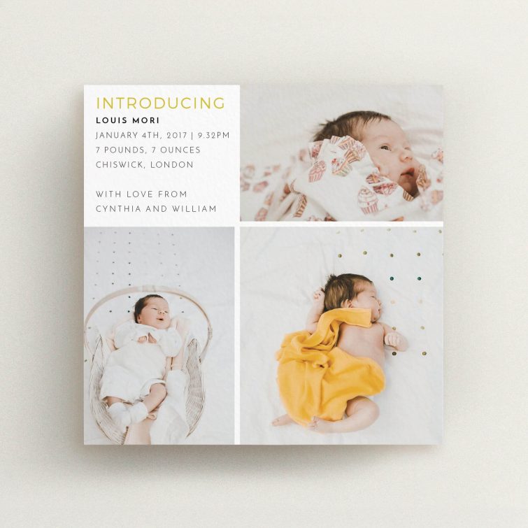 A new baby announcement card design called "Quarters". It is a square (148mm x 148mm) card in a square orientation. It is a photographic new baby announcement card with room for 3 photos. "Quarters" is available as a flat card, with tones of white and yellow.