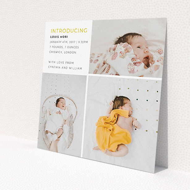 A new baby announcement card design called 'Quarters'. It is a square (148mm x 148mm) card in a square orientation. It is a photographic new baby announcement card with room for 3 photos. 'Quarters' is available as a flat card, with tones of white and yellow.