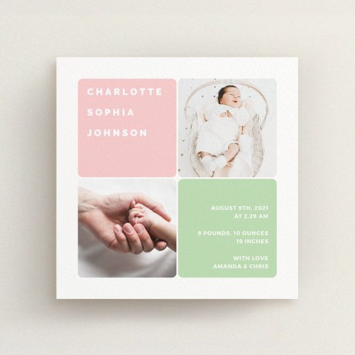 A new baby announcement card design called "Rounded Corners". It is a square (148mm x 148mm) card in a square orientation. It is a photographic new baby announcement card with room for 2 photos. "Rounded Corners" is available as a flat card, with tones of green and light pink.