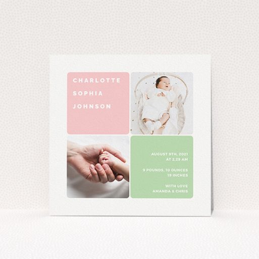 A new baby announcement card design called "Rounded Corners". It is a square (148mm x 148mm) card in a square orientation. It is a photographic new baby announcement card with room for 2 photos. "Rounded Corners" is available as a flat card, with tones of green and light pink.